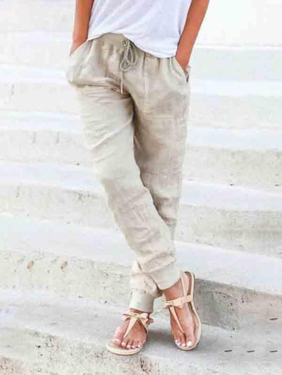 Cotton and linen comfortable rib elastic waist women's trousers