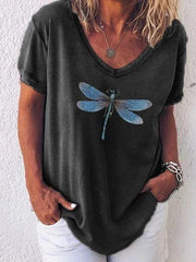 Dragonfly Printed Casual Cotton V Neck Short Sleeve Shirt & Top