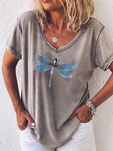 Dragonfly Printed Casual Cotton V Neck Short Sleeve Shirt & Top
