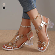 Madara | Stylish sandal with rhinestone flower and solid heel