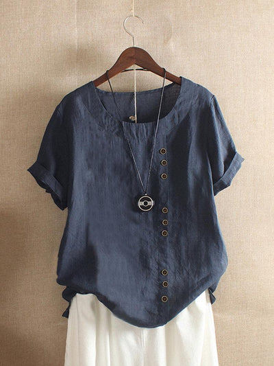 Solid Color Short Sleeve Button Summer T-Shirt