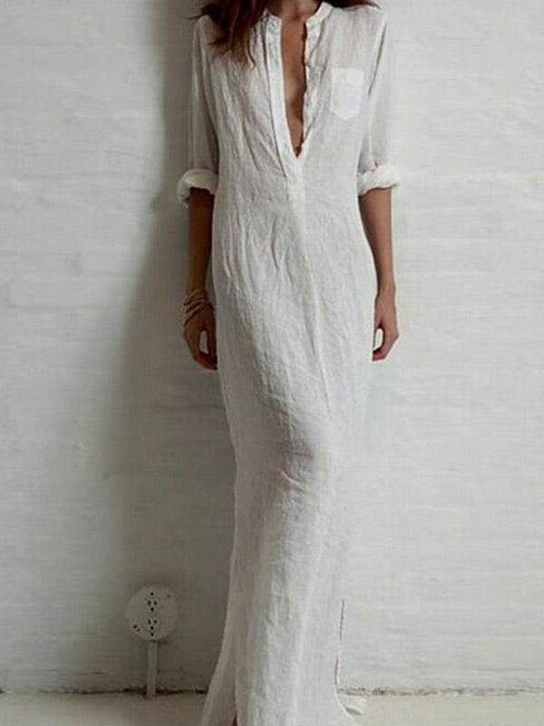 Women's Deep V Cotton Linen Casual Dress