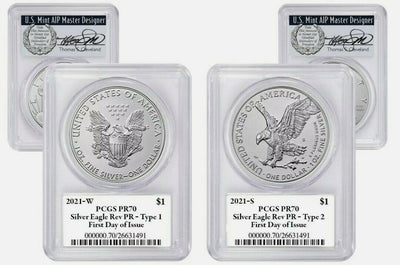 2021 W & S Reverse Proof Silver Eagles 2 Coin Set PCGS PR70 FDOI Cleveland Veterans Label