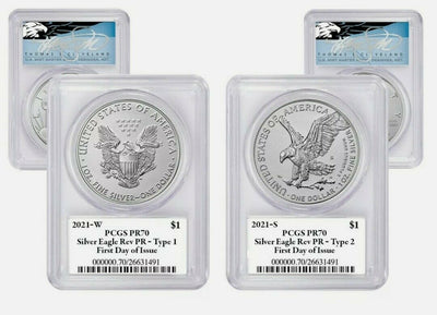 2021 W & S Reverse Proof Silver Eagles 2 Coin Set PCGS PR70 FDOI Cleveland Blue Eagle Label