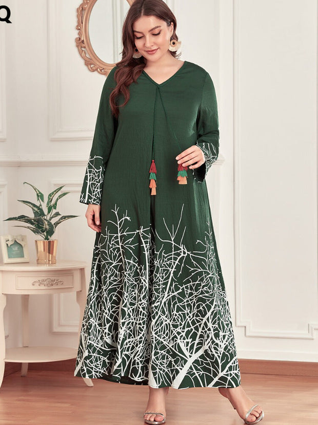 Women's Plus Size Dress V Neck Long Sleeve Printed Maxi Kaftan Dress