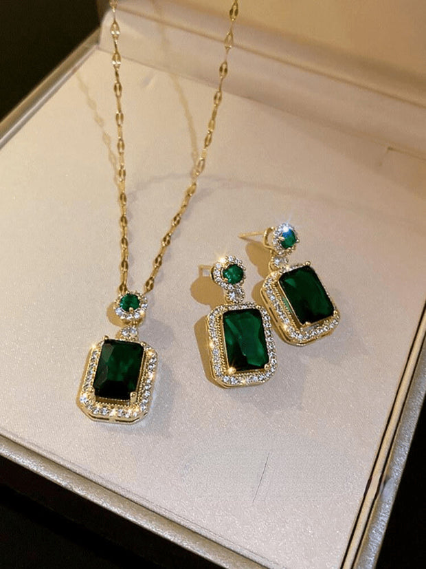 Women's Zircon Emerald Necklace Earring Set