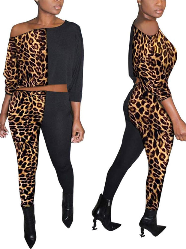 Matilda Color Block Leopard Print Crop Top Bodycon Pants Tracksuit - MY SEXY STYLES