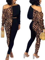 Matilda Color Block Leopard Print Crop Top Bodycon Pants Tracksuit - MY SEXY STYLES