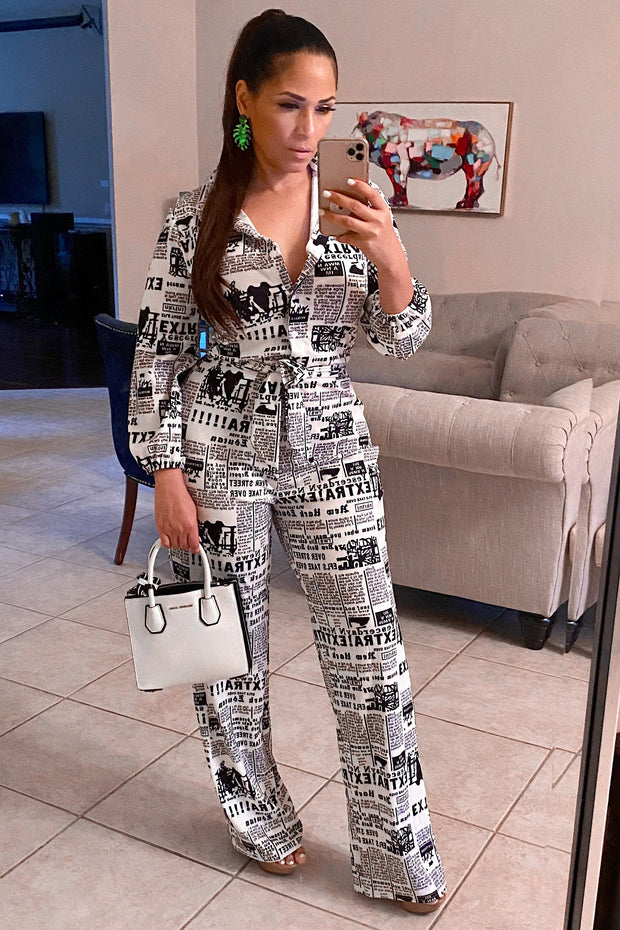 Lauren Newspaper Print Tall Belted Jumpsuit - MY SEXY STYLES