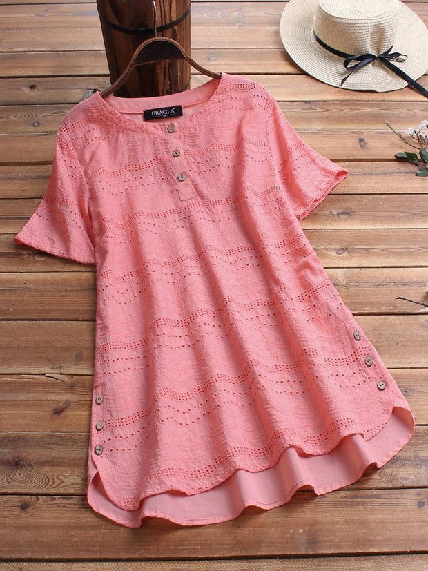 Bohemian Embroideried Short Sleeve Button Blouse
