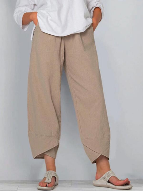 Women's loose cotton and linen elastic waist wide-leg pants