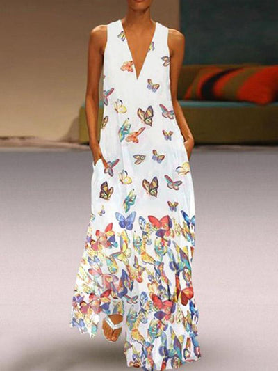 Ladies boho butterfly print V-neck dress