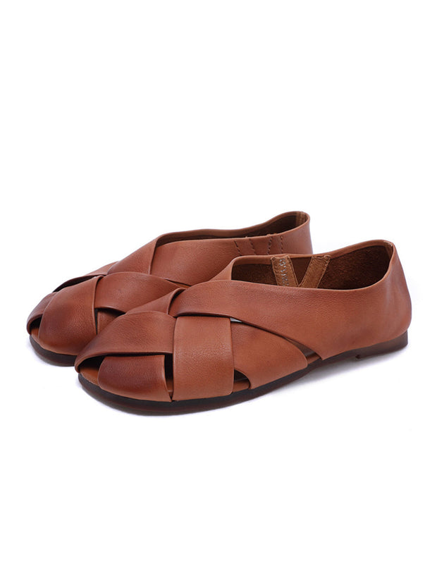 Spring Summer Solid Color Leather Round Toe Flat Shoes