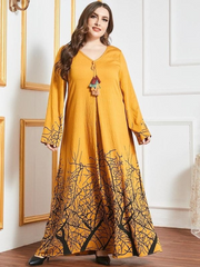 Women's Plus Size Dress V Neck Long Sleeve Printed Maxi Kaftan Dress