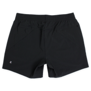 Atlas Short 5.5" Black Back with elastic waistband, back right zippered pocket, and small reflective logo of Bear drawn inside the letter B in bottom left corner
