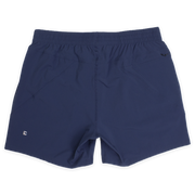 Atlas Short 5.5" Navy Back with elastic waistband, back right zippered pocket, and small reflective logo of Bear drawn inside the letter B in bottom left corner
