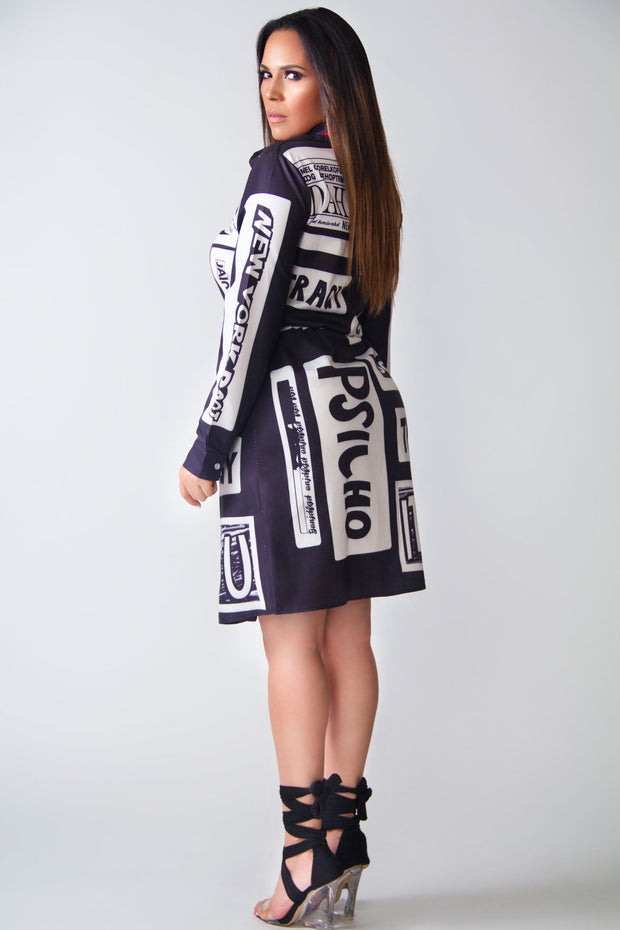 Aurora Letter Print Long Sleeves Belted Shirt Dress - MY SEXY STYLES