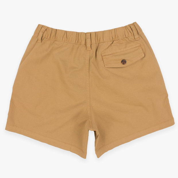 Stretch Short 5.5" Camel back with elastic waistband, belt loops, and right buttoned back pocket