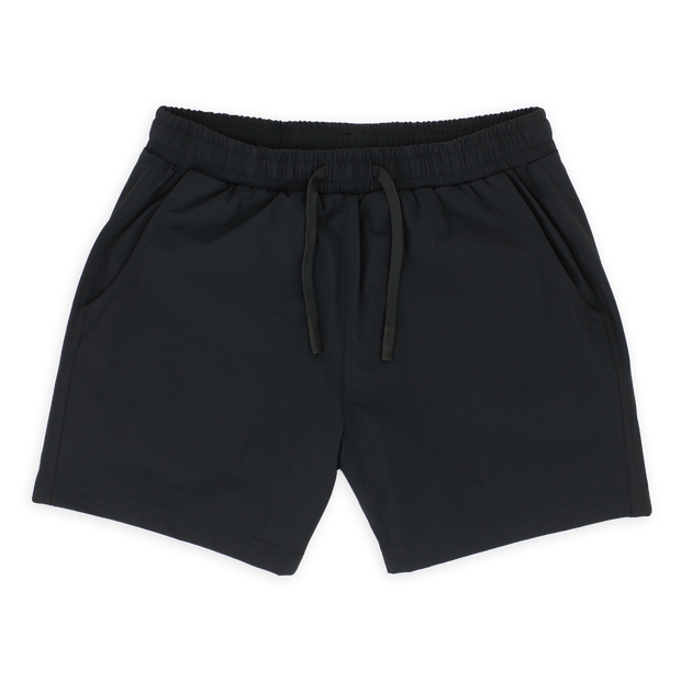 Base Short 5.5" Black front with elastic waistband, dyed-to-match flat drawstring with rubberized tips, and two seam pockets