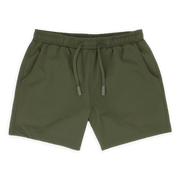 Base Short 5.5" Military Green front with elastic waistband, dyed-to-match flat drawstring with rubberized tips, and two seam pockets 
