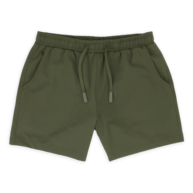 Base Short 5.5" Military Green front with elastic waistband, dyed-to-match flat drawstring with rubberized tips, and two seam pockets 