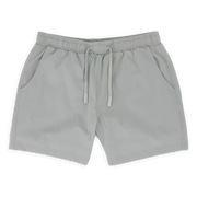 Base Short 5.5" Grey front with elastic waistband, dyed-to-match flat drawstring with rubberized tips, and two seam pockets