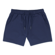 Base Short 5.5" Navy front with elastic waistband, dyed-to-match flat drawstring with rubberized tips, and two seam pockets