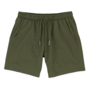 Base Short 7" Military Green front with elastic waistband, dyed-to-match flat drawstring with rubberized tips, and two seam pockets