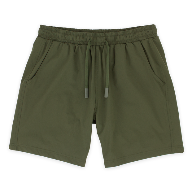 Base Short 7" Military Green front with elastic waistband, dyed-to-match flat drawstring with rubberized tips, and two seam pockets