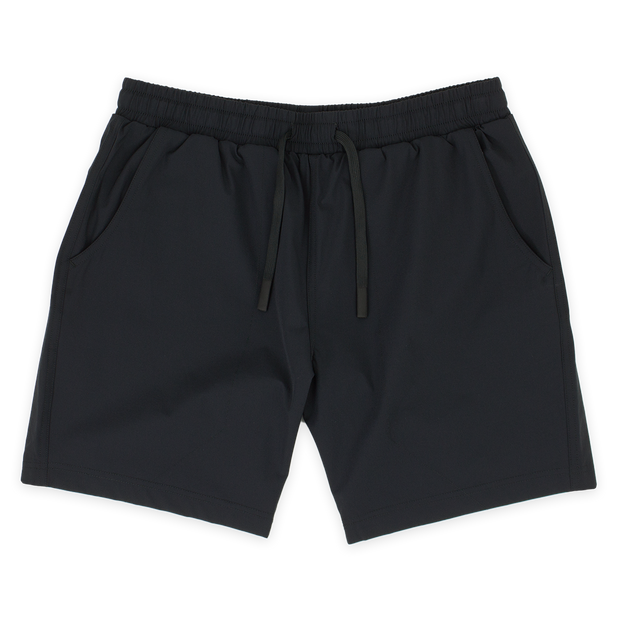 Base Short 7" Black front with elastic waistband, dyed-to-match flat drawstring with rubberized tips, and two seam pockets