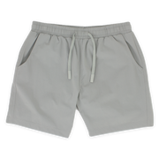 Base Short 7" Grey front with elastic waistband, dyed-to-match flat drawstring with rubberized tips, and two seam pockets