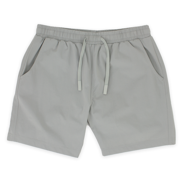 Base Short 7" Grey front with elastic waistband, dyed-to-match flat drawstring with rubberized tips, and two seam pockets