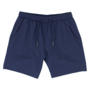 Base Short 7" Navy front with elastic waistband, dyed-to-match flat drawstring with rubberized tips, and two seam pockets