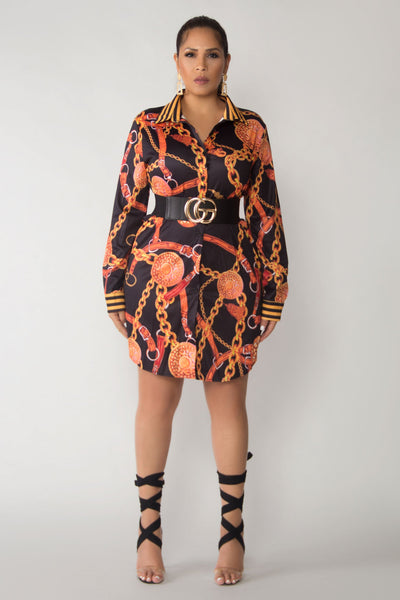 Brenna Chain Print Button Down Shirt Mini Dress - MY SEXY STYLES