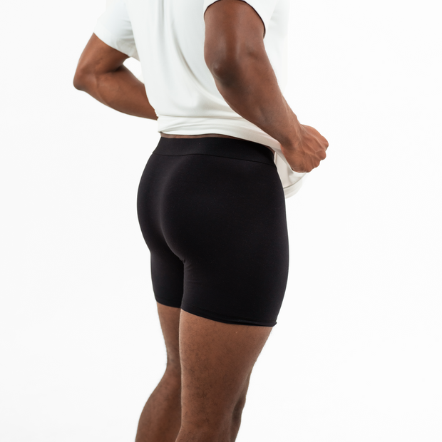 Modal Boxer Brief in Black back on model with elastic waistband with Bearbottom B logo and functional fly