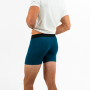 Modal Boxer Brief in Ocean blue back on model with elastic waistband with Bearbottom B logo and functional fly