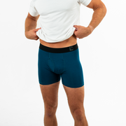 Modal Boxer Brief in Ocean blue front on model with elastic waistband with Bearbottom B logo and functional fly