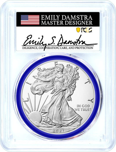 2021-W Burnished Silver Eagle Type 2 PCGS SP70 First Strike Emily Damstra Mint Designer Series