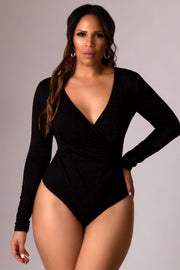 Carolina Black Plunging V-Neck Crossed Front Long Sleeves Bodysuit Top - MY SEXY STYLES