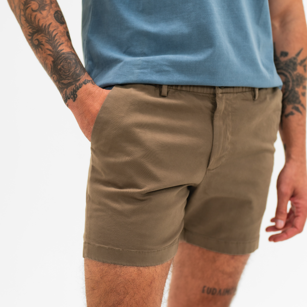 Stretch Chino Short 5.5" in Desert front on model photo 2