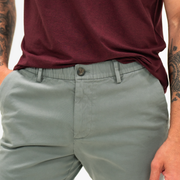 Stretch Chino Short 5.5" in Grey front on model close up of elastic waistband