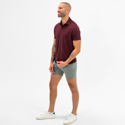 Stretch Chino Short 5.5" in Grey full body on model worn with Tech Polo in Maroon