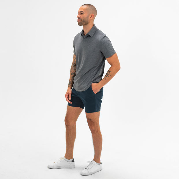 Stretch Chino Short 5.5" in Navy on model worn with Tech Polo in Grey
