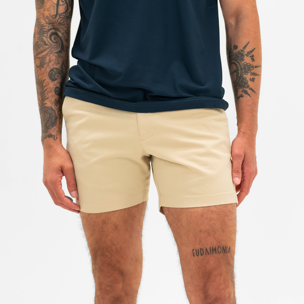 Stretch Chino Short 5.5" in Sand Dune front on model