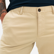 Stretch Chino Short 5.5" in Sand Dune front on model close up of elastic waistband