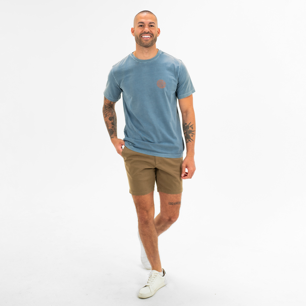 Stretch Chino Short 7" in Desert full body on model worn with Natural Dye Graphic Tee in Hangout blue print