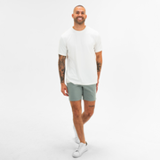 Stretch Chino Short 7" in Grey on model worn with Tech Tee in Solid White