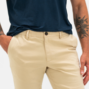 Stretch Chino Short 7" in Sand Dune front on model close up of elastic waistband