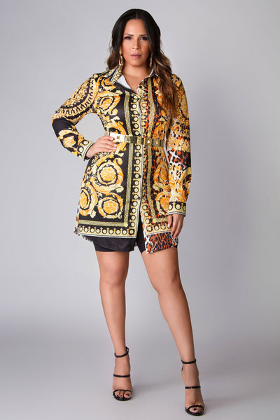 Danna Button Down Long Sleeves Colorful Retro Print Shirt Dress - MY SEXY STYLES