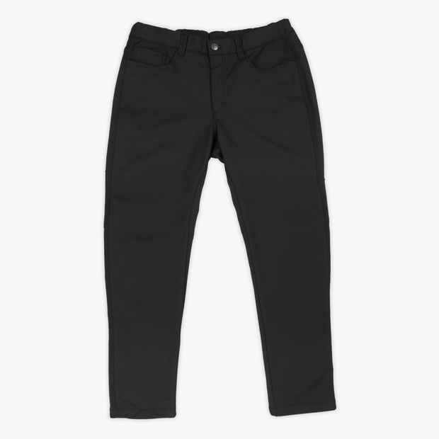 Ace Pant Black front with elastic waistband, metal button, zippered fly, and five pocket style